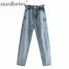 Mode Frauen Lose Schaden Jeans Hosen Lange Hosen Strethy Taille Taschen Tasten Weibliche Denim 4 Farbe 210604
