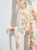 Летний французский V шеи слойки рукава шнурок тонкая оборка цветочные печать платье праздник стиль винтажный женский мода 210508