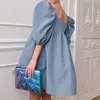 Baumwolle Puff Kurzarm Sommer Kleid Frauen Plissee V-ausschnitt Solide Lose Beiläufige Weibliche Kleider Elegante A-linie Damen Vestidos 210518