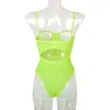 ネオングリーンメッシュ透明ボディスーツセクシーな女性の背中のない縞模様のノースリーブオーバーオールパーティーファッションスパゲルティストラップロンパース210715