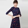 Vintage O Neck Casual A Line Cherry Print Abiti Donna Autunno manica tre quarti Midi Elegante festa pieghettata 210515