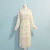 PERHAPS U Gray Beige Navy Star Moon Embroidery Mesh Long Sleeve Stand Collar Midi Elegant Sweet Party Loose Dress Runway D0201 210915