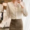 Fashion V-Neck Lace Shirts Crochet Flower Elegant White Blouse Women Autumn Vintage Long Sleeve Button Top Blusas 11907 210521