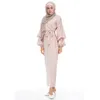 Etniczna Odzież Islamska Dubaj Muzułmańska Abaya Sukienka Kobiety Rękaw Puff Tuleja Lace-Up Slim Szaty Islam Długość Długość Kostium Hidżab Dress