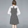 Jesień Zima Dzianina Plaid Sweter Sukienki Kobiety Dorywczo Biuro Lady Flare Rękawy Koronki Patchwork Vestidos 210520