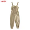 Tangada Mujeres Verano Sólido Khaki Algodón Mono Largo Sin Mangas Bolsillo Strethy Cintura Femenina Casual Mono 5Z125 210609