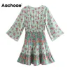 Chic Floral Print Mini Dresses Women O Neck Boho Beach Three Quarter Sleeve Bow Tie Elastic Waist Summer Dress 210413