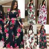 Plus storlek kvinnor klänning sommar casual bohemia blomma tryck maxi klänningar damer o neck kort ärm ihålig ut tunika klänning vestidos x0521