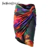 Twotwinstyle Tie Dye Bodycon Spódnica Dla Kobiet Wysoka Talia Ruched Slim Fit Kolor Spódnice Kobiet Moda Odzież Lato 210619