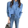 Women Chic Elegant Office Tops Simply Solid Double Pockets Patch Casual Loose Blue White Blouse Shirts Blusas Mujer 12407 210521