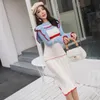 Primavera Donna Casual Vestidos Bodycon Contrast Design Abito lavorato a maglia Coreano Lady Sweet Cute Abbigliamento 210520