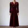 Spring Pearl flower Vintage Women Dresses V-Neck Fashion Long Elegance Red Velvet Empire Puff Sleeve Slim Clothing 210514