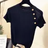 Дизайн Shintimes Tee рубашка Femme Haluall Out Футболка Женщины вязаные футболки летние топы женщины с коротким рукавом кнопка футболки женский C