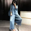 DEAT Suit Woman Casual Style Solid Round Collar Pullover T Shirt Wide Leg Pants High Elastic Summer Fashion AT427 210331