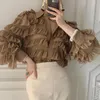 Ny vår Koreanska Ruffles Blus Kvinnor Slå ner Krage Långärmad Toppar Lösa Tung Arbete Cupcake OL SHIRT FEMININO BLUSAS 13336 210417