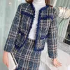 England Plaid Woolen Tweed 2 Women Fringed Trims Short Jacket Coat + Pencil Mini Skirt Set Ladies Two Piece Outfits 210416