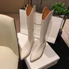 2021 Ann Zwart Pointy Knie-Hoge Hakken Laarzen V-Tood Lederen Dikke Benen Stijlvolle Solid Puntige Vrouwelijke Vrouwen Dijhoog Knie Cowboy Rider Fashion Barreled Stretch Boot