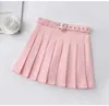 Harajuku Heart-Buckle Belt Pleated Skirt Women School e-Girl Cheerleading Belted Mini Skirt With Safe Shorts / 210721