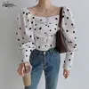 Koreańska moda polka dot długiego rękaw puff bluzki vintage bluzka dorywczo koszulka damska wiosna kwadratowy kołnierz biały czarne topy 14338 210521 \ t