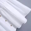 Femmes Casual Poplin Pure Blanc Mini Robe Été Simple Boutonnage Puff Manches Longues Volants Bodycon Tenues Col Carré Tops 210521