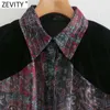 Zevity Mujeres Vintage Terciopelo Patchwork Impresión Translúcido Gasa Smock Blusa Office Lady Business Camisas Chic Blusas Tops LS7402 210603