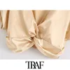TRAF Women Fashion With Knot Cozy Cropped Blouses Vintage Short Turn-up Sleeves Back Elastic Female Shirts Chic Tops 210415