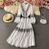 Nomikuma Spring Seaside Holiday Long Dresses Korean Floral Embroidery Vestidos Puff Sleeve V-neck Slim Waist Women Dress 6F927 210427