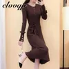 Autumn Winter Knit Long Dress Women Elegant Casual O-Neck Slim Bodycon Robe Sweater Dresses Office Lady Mid-Calf Sticked Dress Y1006