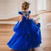 2021 High Low Flower Girl Dresses Jewel Neck Sequined Beaded Pageant Sleeveless Ruffle Tiered Skirts Custom Made Birthday Gowns