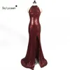 Sexy Stand Collar Split Bez Rękawów Mermaid Evening Gold Suknie Eleganckie Suknie Party Glitter Red Burgundii Black Balo Dress 210709