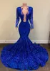 Evening Size Shiny Plus Dresses 2021 Sexy Mermaid Long Sleeve Sheer Neckline Royal Blue African Black Girls Prom Gala Party Gowns