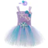 Flower Kids Girls Birthday Party Tutu Dresses with Headband Purple Sea Star PrincToddler Baby Girls Wedding DrKids Cloth X0803