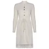 Vintage varm tröja klänning Kvinnors höst vinter mode Turtleneck långärmad knapp stickad spets tröja MIDI 210508