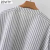 Kvinnor Vintage Stand Collar Striped Print Shirt Kvinna Dubbelfickor Patch Casual Business Blus Chic Blusas Tops LS9152 210416
