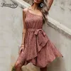 Leopard Print Belted Cami Mini Dresses Sexy One Shoulder Women Sleeveless High Waist Asymmetrical Summer Dress 210510