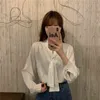 Autumn Korean Blouse Loose Versatile Stacked Solid Color Bow V-Neck Long-Sleeved Shirt Soft Chic Top Female GX1498 210507