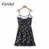 Floral Print Ruffle Slip Summer Dress Women Clothing Strap Sleeveless Boho Short Beach Black 210427