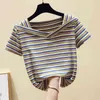 WWENN katoen Koreaanse V-hals Basic Striped T-shirt Dameskleding Zomer Korte Mouw Casual T-shirt Vrouwelijke Tops Tee Shirt Femme 210507