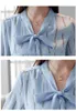 Camisa Chiffon Mulheres Tops Coreano Escritório Curva Manga Longa Blusas Moda Azul Listrado Camisa 800i 210420
