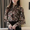 Stand Collar Loose Print Floral Chiffon Shirt Women Korean Plus Size Blouse Big Sleeves Casual Top Female Blusas 8281 210512