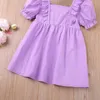 2021 sommer Mädchen Kleid Mode Kinder Kleidung Puff Sleeve Rüschen Prinzessin Kleid Nette Lila Kinder Kleid Keine Schleife Q0716