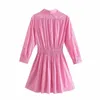 Women Fashion Pink Color Pleat High Elastic Waist Poplin Shirt Dress Chic Female Three Quarter Sleeve Vestido 210529