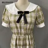 Preppy Style Summer Women Sweet Dress Peter Pan Collar With Bow Plaid Vintage Vestidos Short Sleeve Elegant A-Line Midi 210520