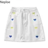 Neploe High Waist Pencil Denim Skirts Women Summer Fashion Mini Skirt Pockets Heart Embroidery Button Jeans Faldas Mujer 210422