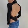 Kış Tulum Tulum Seksi Kulübü Backless Bodysuits Casual Uzun Kollu Katı Ince Bodycon Kadınlar Bodysuit 210728
