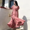 Summer Lace-up V-neck Chiffon Dresses Women Short Sleeve Floral Print Red Ruffles Party Midi Long Dress Vestido 10178 210417