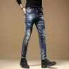 イタリアのファッション男性ジーンズレトロブルー弾性スリムフィットリッピングデニムズボン高品質スプライスデザイナーヒップホップバイカーパンツ