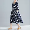 Johnature Casual Care Summer Sukienka Loose Dot Krótki Rękaw Kieszenie O-Neck Korea Styl Czarny Kolor Kobiet Dress 210521