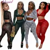 Sexy Kant Tweedelige Set Dames Casual See Through v-hals Lange mouwen Crop Top Broek Suit Party Club Matching Set Outfit Trainingspak