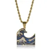 The Great Wave Off Kanagawa Iced Out Pendant Necklace Colorful Zirconia Hip Hop Gold Color Charm Chains Jewelry Gift Necklaces